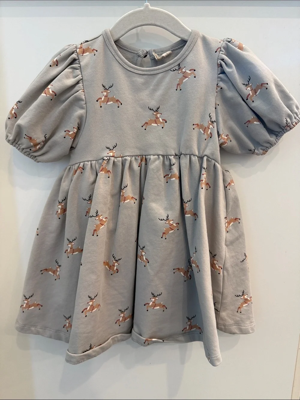 Quincy Mae Grey Puff Sleeve Reindeer Dress with matching bloomers